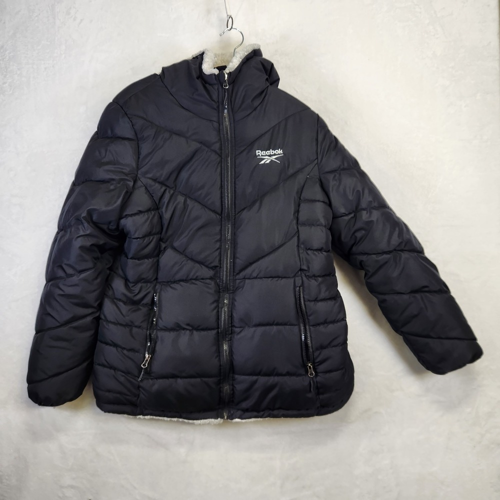 Reebok‎ Reversible Hooded Puffer Jacket Sherpa Lined Black White Women's L